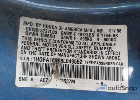 2008 Honda Civic Ex-L from USA, damaged, VIN 1HGFA16998L049552